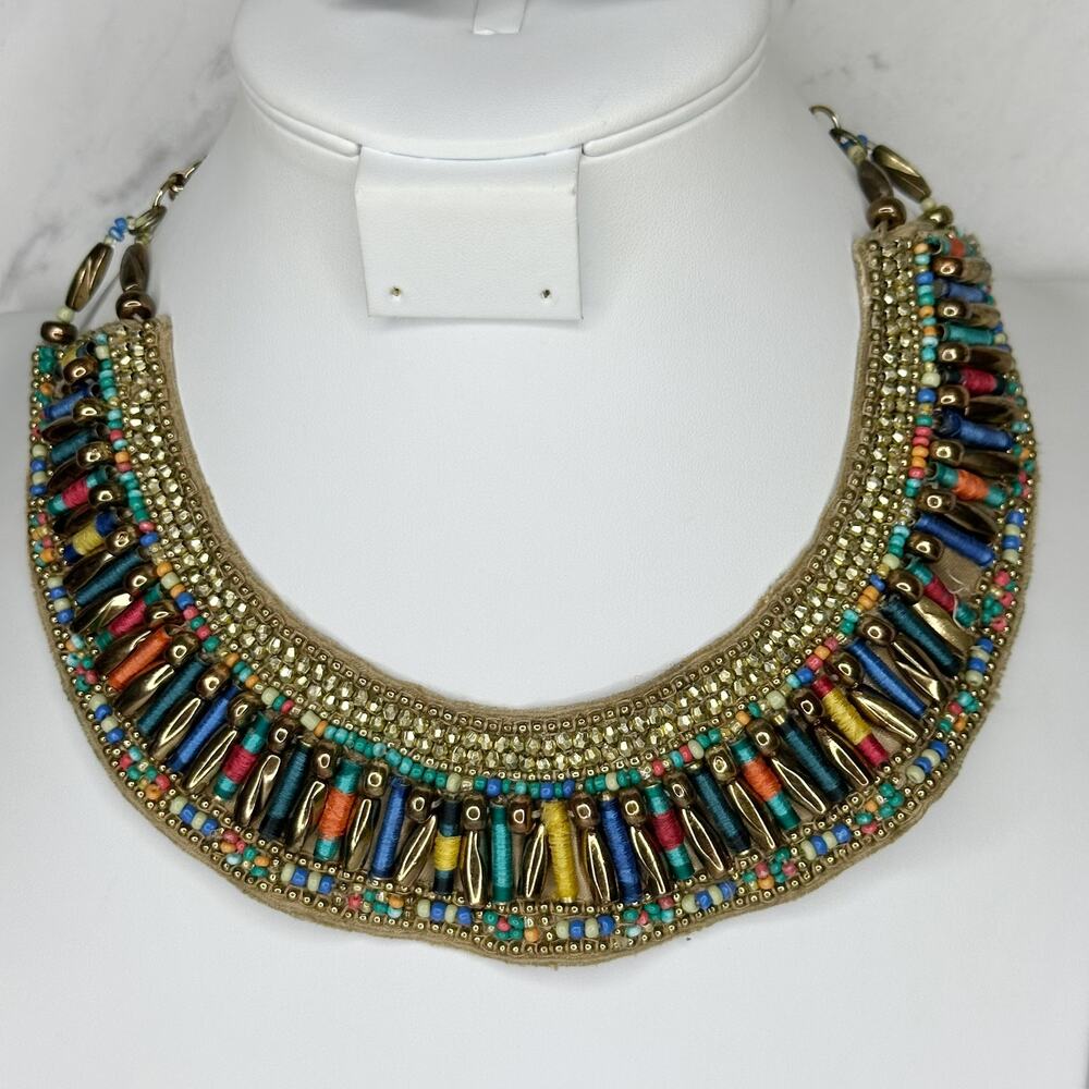 Chico's Multicolor Beaded Bib Statement Necklace Gold Tone ✨